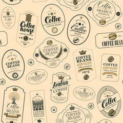 Vector seamless pattern on coffee and coffee house theme with various labels in retro style on the beige background. Suitable for wallpaper, wrapping paper, textile, fabric