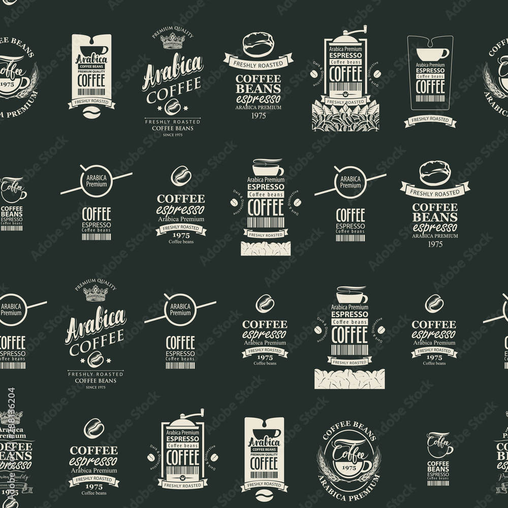 Poster vector seamless pattern on coffee and coffee house theme with various labels in retro style on the b