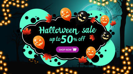 Halloween sale, up to 50% off, creative banner with graffiti style and Halloween background. Template with bubbles, autumn leafs and Halloween balloons