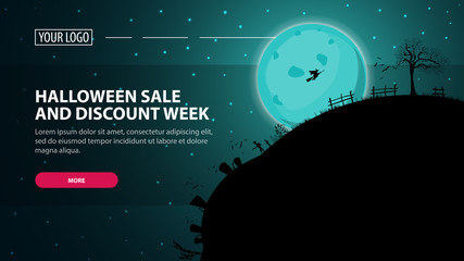 Halloween sale and discount week, horizontal discount web banner with halloween night landscape. Full blue moon with starry sky and silhouette of the planet at Halloween night