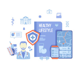 Healthcare, Monitoring, Natural life, Healthy lifestyle concepts. Medical help, physical activity, diet, fitness, and nutrition icons. Vector illustration on white background. 