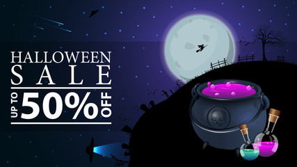 Halloween sale, up to 50% off, horizontal discount web banner with halloween night landscape. Full moon with starry sky and silhouette of the planet at Halloween night