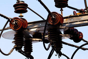 Electrical Power Lines against a bright blue sky