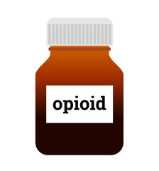 Opioid - medicine, medicament and drug to prevent painful pain and ache. Bottle and jar with pharmaceutical substance. Vector illustration.
