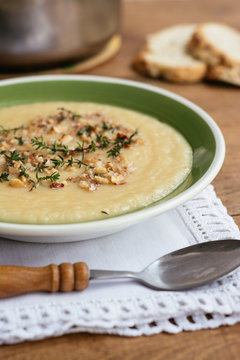 Apple Parsnip Soup with Thyme Walnut Garnish