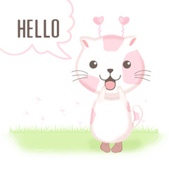 Cute cat say hello hand drawn cartoon illustration watercolor background