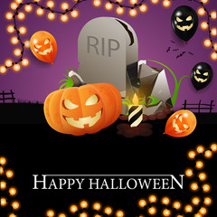 Happy Halloween, square greeting card with tombstone and pumpkin Jack