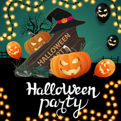 Halloween party, square invitation poster with wooden sign, witch hat and pumpkin Jack
