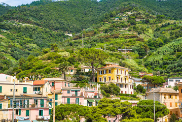 Monterosso al Mare, Cinque Terre, Italy - August 17, 2019: The rocky shore of Cinque Terre, overgrown with tropical greenery and vineyards. View from the sea, authentic city buildings