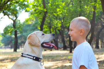 Portrait of cute blond boy hanging out with his pet friend labrador retriever out in the woods. Little guy hugging six months old doggy, walk in a park. Background, copy space, close up.