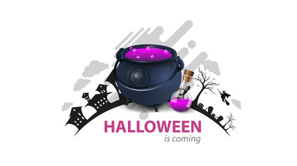 Halloween is coming, white greeting card with witch's cauldron with potion. The logo with the silhouette of the earth with Halloween night