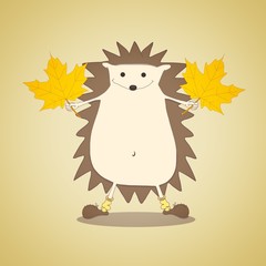 Digital illustration depicts a cute hedgehog in warm yellow woolen socks and funny brown boots that holds yellow autumn maple leaves in its paws.