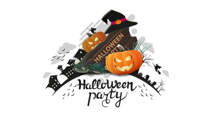 Halloween party, white invitation poster withwooden sign, witch hat and pumpkin Jack. The logo with the silhouette of the earth with Halloween night