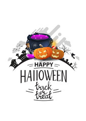 Happy Halloween, trick or treat, white greeting card with witch's cauldron and pumpkin Jack. The logo with the silhouette of the earth with Halloween night