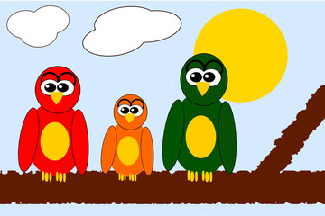 Cartoon Owl Family on a Branch