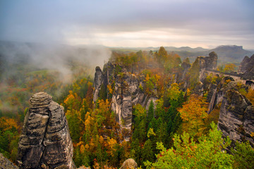 Amazing autumn scenery of the Bastei bridge, Saxon Switzerland National Park, Germany