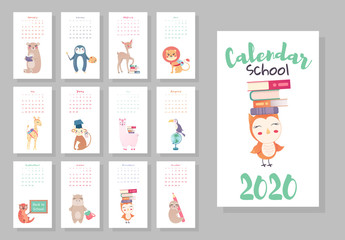 Calendar 2020. Cute monthly calendar with cute animals student. Hand drawn style characters for school with owl, raccoon, lama, deer, beaver, lion, fox, moose, bunny, bear, hedgehog, giraffe