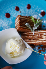 Ice cream ball and pieces of cake on a blue plate on a wooden background