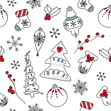Seamless pattern Christmas design with Christmas tree, baubles, socks, barries and snowflakes.