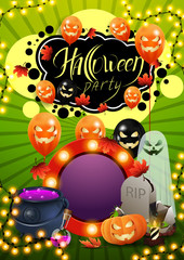 Fototapeta premium Halloween party, green invitation poster with tombstone, pumpkin Jack, witch's cauldron, ghosts and halloween balloons