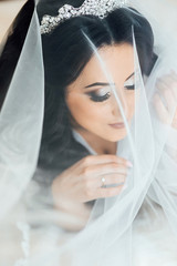 Stylish happy bride posing under veil and smiling. Morning preparation before wedding ceremony....