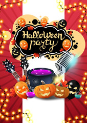 Halloween party, red invitation poster with guitars, microphone, witch's cauldron, pumpkins and Halloween balloons
