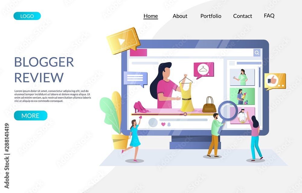 Poster blogger review vector website landing page design template