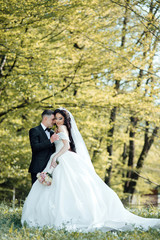 Elegant bride and groom posing together outdoors on a wedding day. Newlywed couple with roses bouquet posing and kissing. Happy newlyweds posing in the park on their wedding day. 