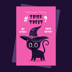 Vector  Halloween party invitations or greeting cards with handwritten calligraphy and traditional symbols and cat in witch hat 
