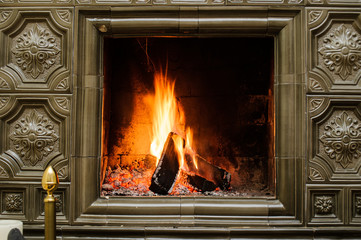 Close up shot of burning firewood in the fireplace