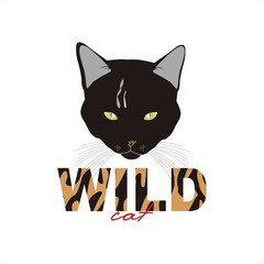 Head of a black cat and inscription Wild Cat. Animal tiger print. Decorative typographical text. Creative Design. T-shirt, greeting card, poster, banner, mugs. Vector ilustration. EPS 10.