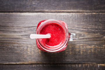 Healthy cherry smoothie with yogurt in jar. Selective focus. Shallow depth of field.