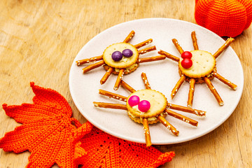 Funny kids food. Edible spiders, Halloween concept