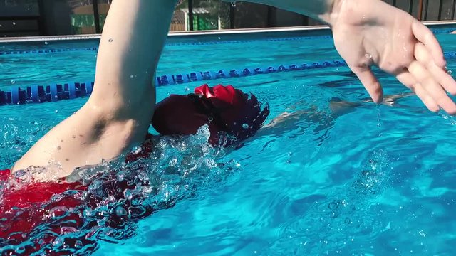 Professional freestyle swimmer woman slow motion closeup