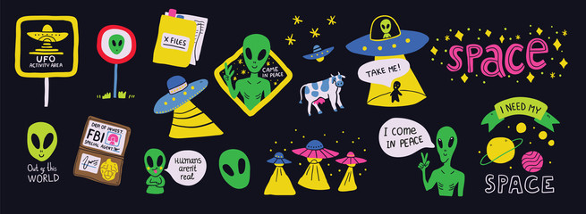 Set on a space theme with humorous ufo signs - 288143027