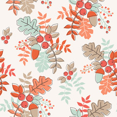 Seamless pattern with autumn composition. Vector illustration with acorn, oak leaf, berry, rowan leaves.