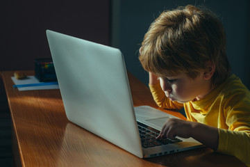 Genius boy wonder hacks system at cyberspace. Cute kid young programmer working. Child with laptop....