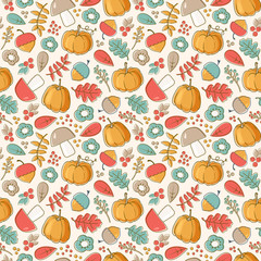 Vector autumn background. Seamless pattern with leaves, pumpkins, acorns, mushrooms and berries.