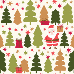 Seamless vector pattern with Christmas trees, Santa Claus and gift box.