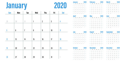 Calendar planner 2020 template vector illustration all 12 months week starts on Sunday and indicate weekends on Saturday and Sunday