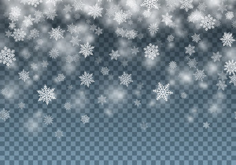 Winter background with various snowflakes on transparent backdrop. Concept of Merry Christmas and Happy New Year holidays. Template for invitations, congratulations, advertisements vector illustration