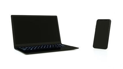 Black Laptop And Black Smartphone Isolated On White Background - 3D Illustration