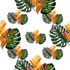 Summer jungle pattern with tropical flowers heliconia or lobster-claw background.