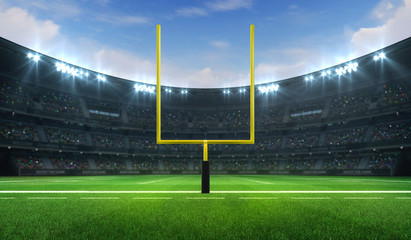 Fototapeta na wymiar American football league stadium with yellow goalpost front and fans, frontal field view, sport building 3D professional background illustration
