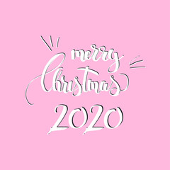  Merry Christmas 2020 lettering text on pink background. fir wreath frame.