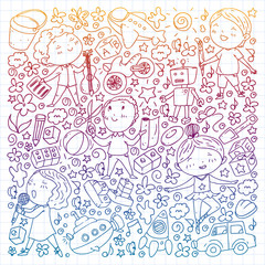 Fototapeta na wymiar Painted by hand style pattern on the theme of childhood. Vector illustration for children design. Drawing on squared notebook in gradient style.