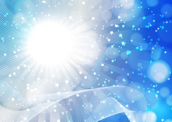 Bright abstract composition, a flash of the sun, rays, wavy blend lines, sparkling particles, glare. Magic concept background with bokeh effect.