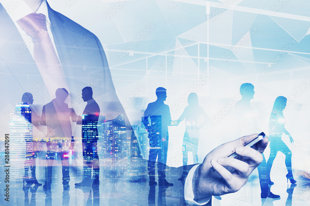 Poster man with smartphone and team, network interface
