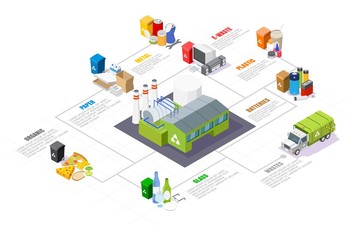 Garbage sorting and recycling isometric infographics, vector isolated illustration