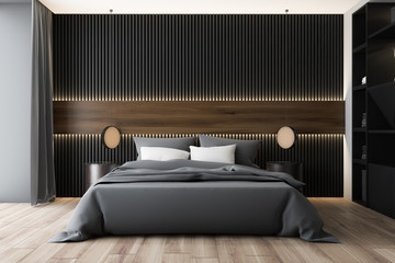 Dark wood and gray bedroom interior